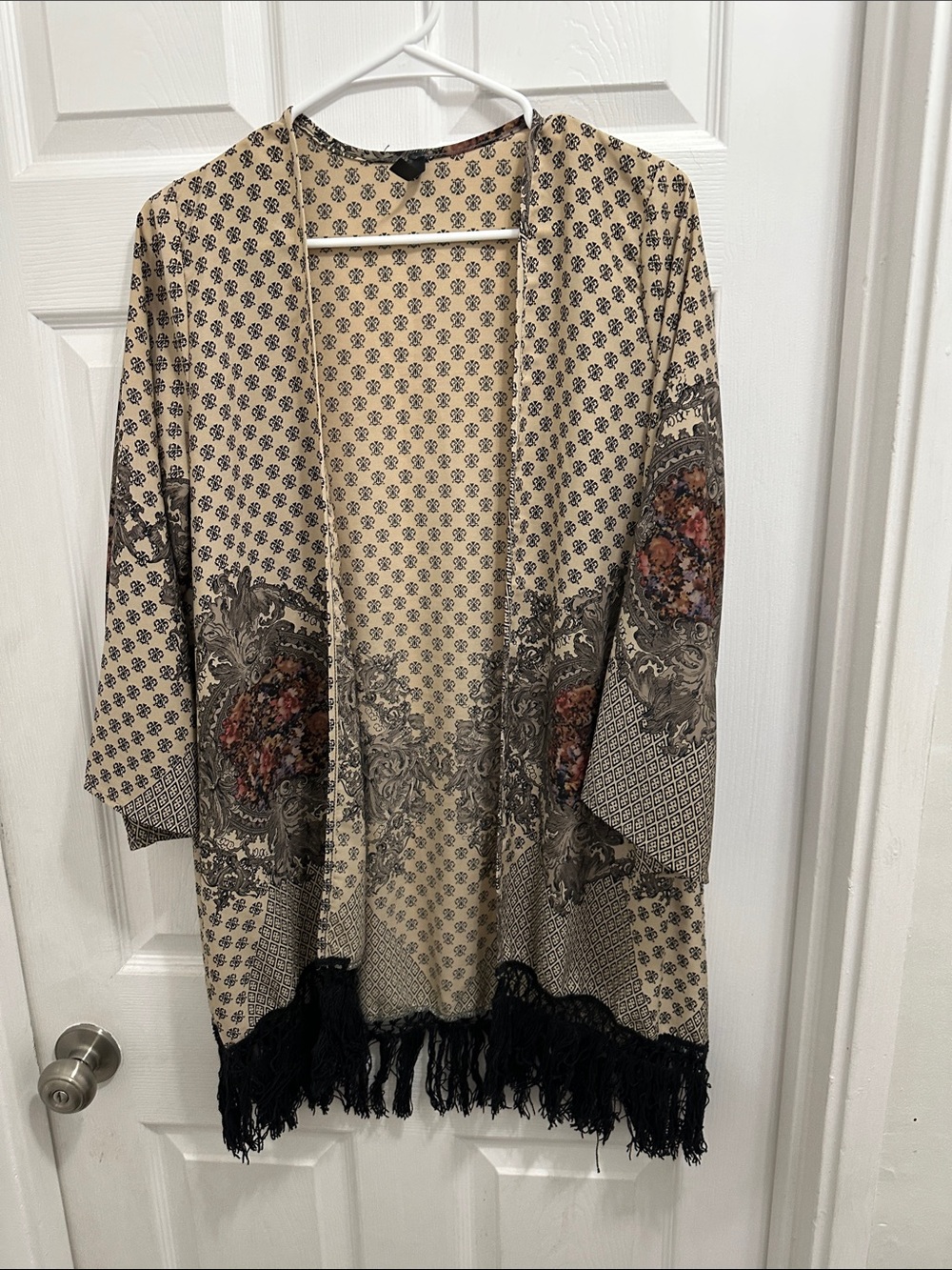 Kori Beige and Black Patterned Kimono with Multicolor Trim
